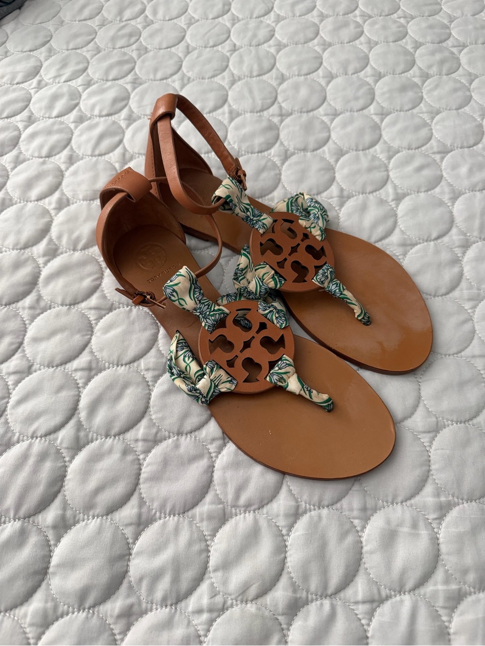 Tory Burch Tan Leather Sandals with Green Floral Tie